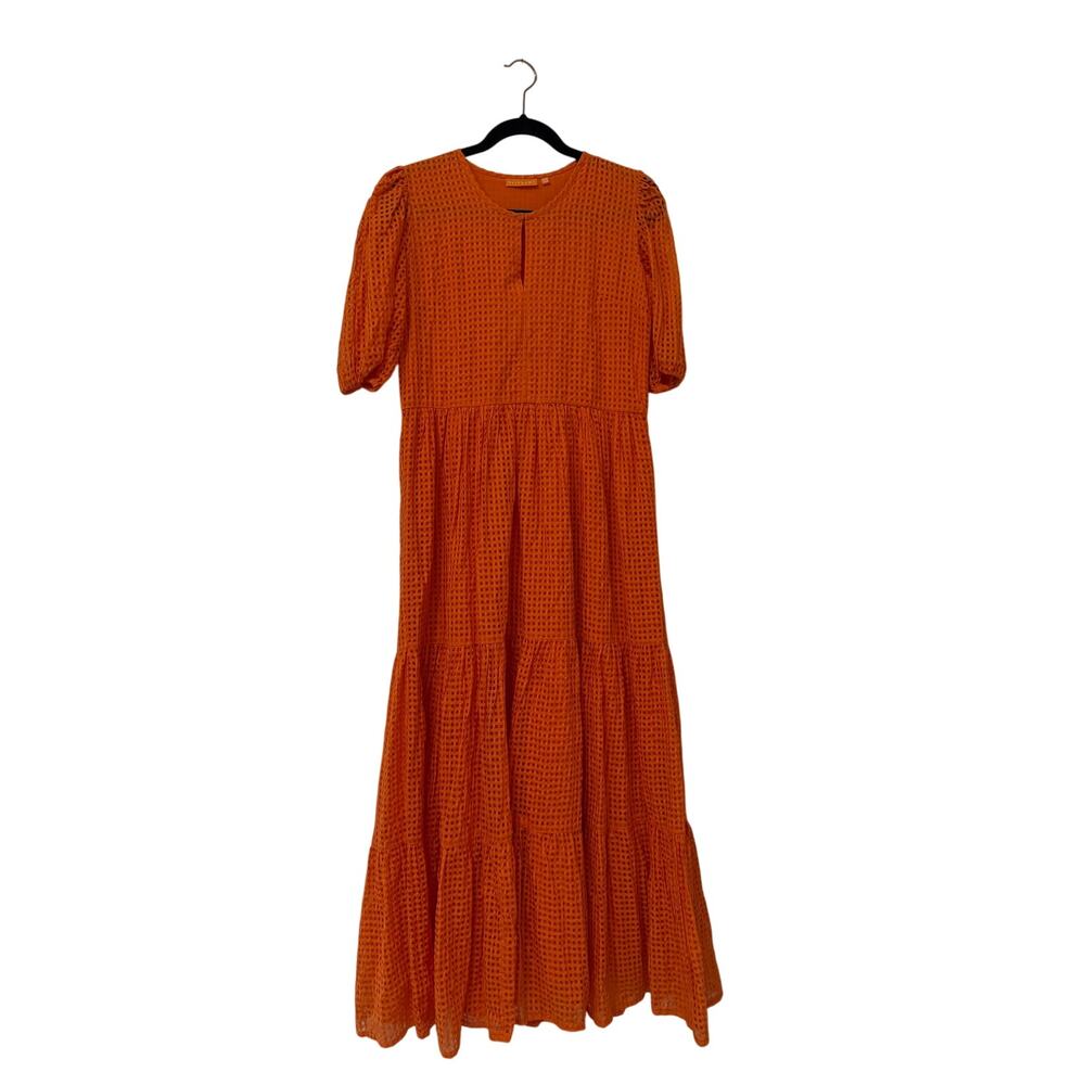 OLIPHANT Tuckernuck Puff Sleeve Maxi Dress Sunset Orange Basketweave Cotton - Picture 3 of 5